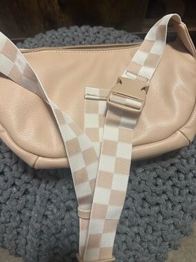 Project cloud Neutral Blush Leather Crossbody with Check-Pattern Strap